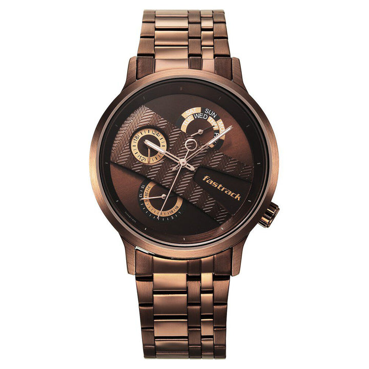 Fastrack Exuberant Quartz Multifunction Brown Dial Stainless Steel Strap Watch for Guys NS3301QM01