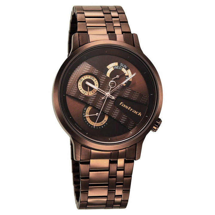 Fastrack Exuberant Quartz Multifunction Brown Dial Stainless Steel Strap Watch for Guys NS3301QM01