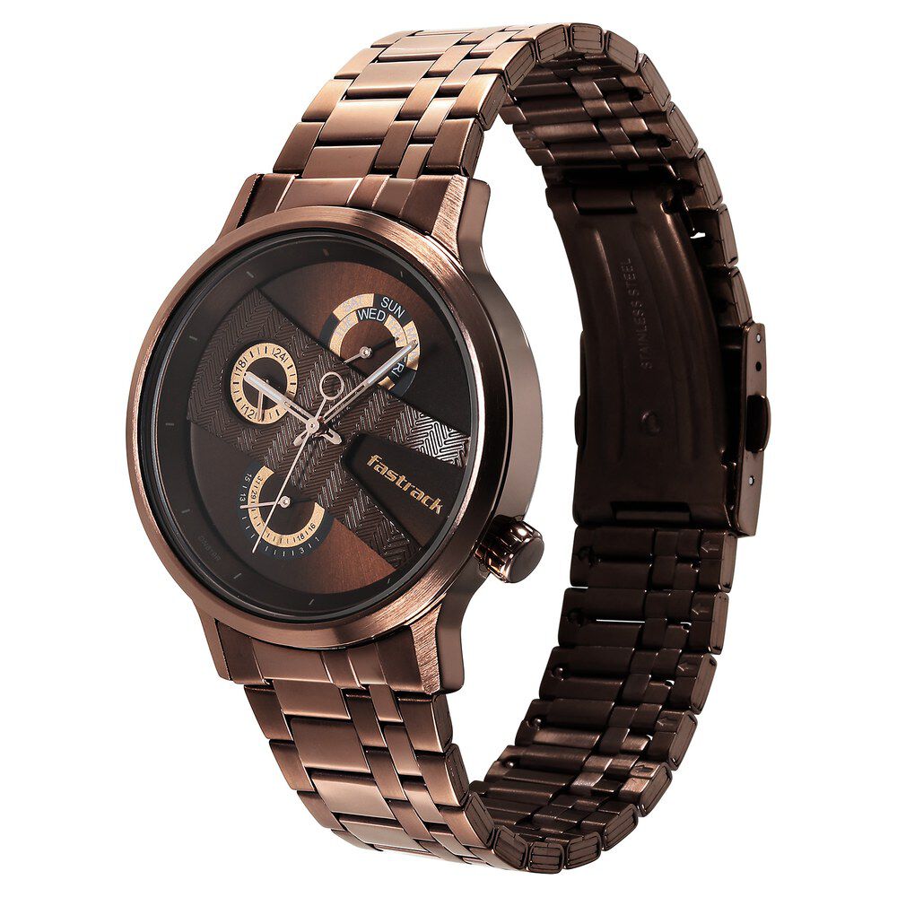 Fastrack Exuberant Quartz Multifunction Brown Dial Stainless Steel Strap Watch for Guys NS3301QM01
