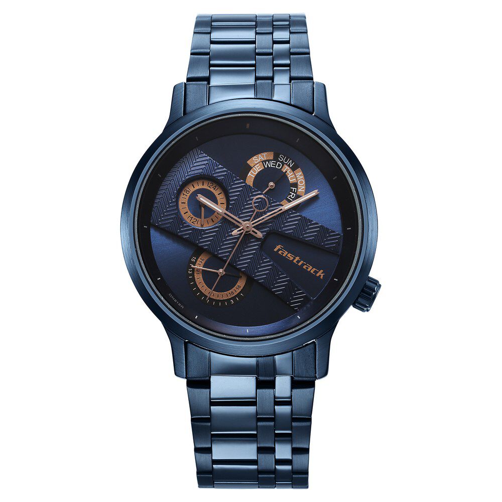 Fastrack Exuberant Quartz Multifunction Blue Dial Stainless Steel Strap Watch for Guys NS3301QM02