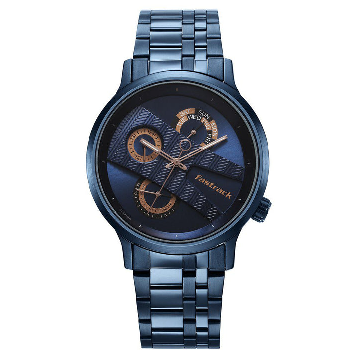 Fastrack Exuberant Quartz Multifunction Blue Dial Stainless Steel Strap Watch for Guys NS3301QM02