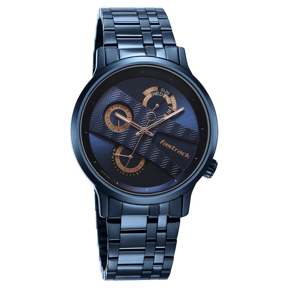 Fastrack Exuberant Quartz Multifunction Blue Dial Stainless Steel Strap Watch for Guys NS3301QM02