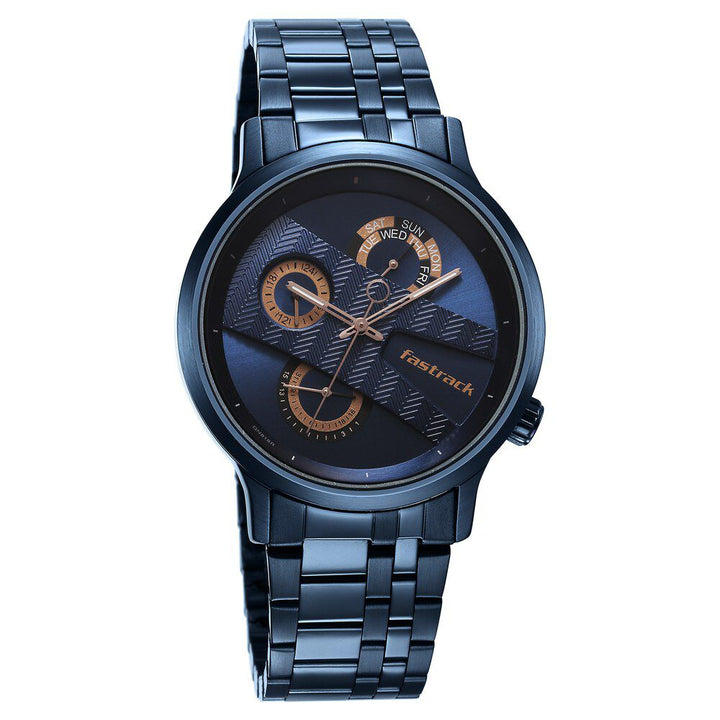 Fastrack Exuberant Quartz Multifunction Blue Dial Stainless Steel Strap Watch for Guys NS3301QM02