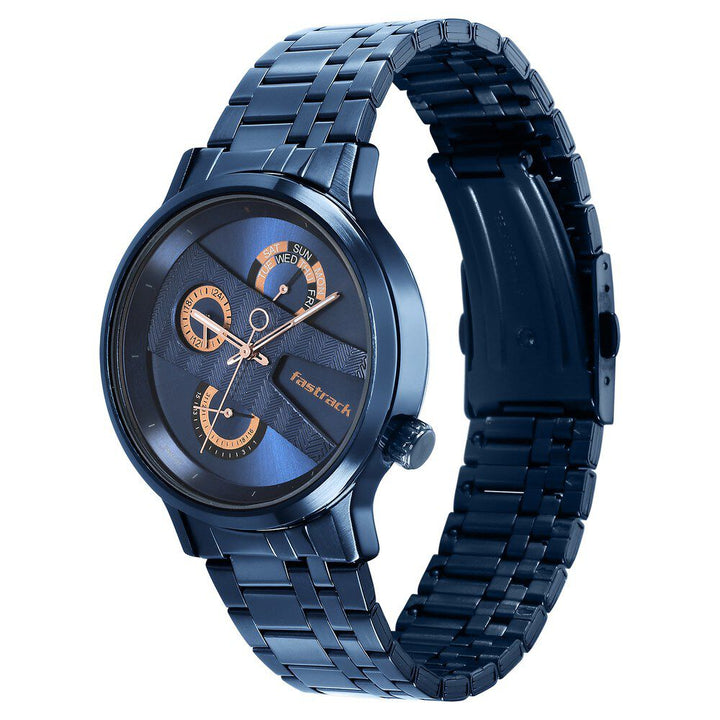 Fastrack Exuberant Quartz Multifunction Blue Dial Stainless Steel Strap Watch for Guys NS3301QM02