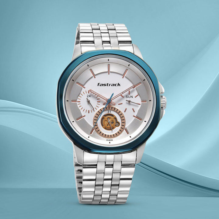 Fastrack Exuberant Quartz Multifunction Silver Dial Stainless Steel Strap Watch for Guys NS3303KM01