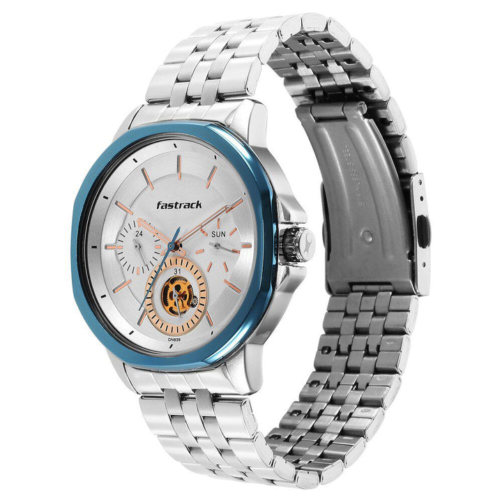 Fastrack Exuberant Quartz Multifunction Silver Dial Stainless Steel Strap Watch for Guys NS3303KM01