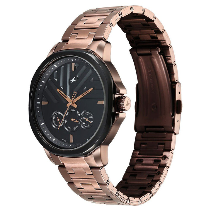 Fastrack Fleek Quartz Multifunction Black Dial Stainless Steel Strap Watch for Guys 3303KM02