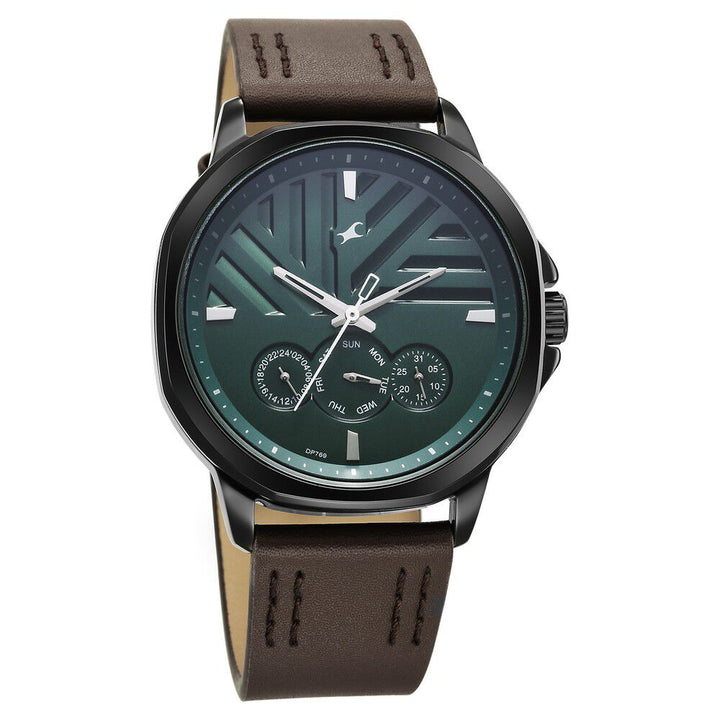 Fastrack Fleek Quartz Multifunction Green Dial Leather Strap Watch for Guys 3303NL01