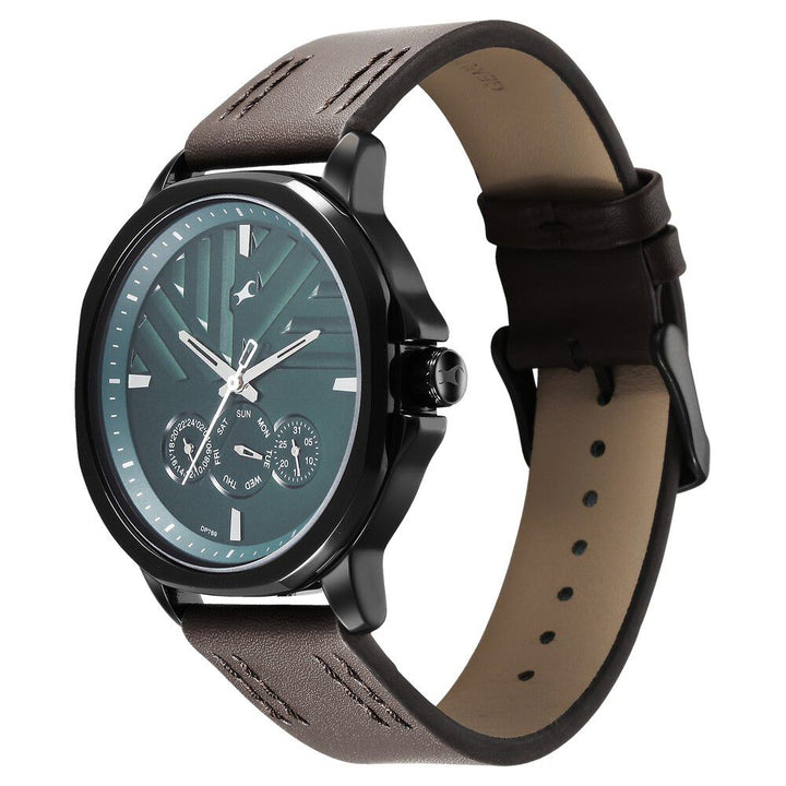 Fastrack Fleek Quartz Multifunction Green Dial Leather Strap Watch for Guys 3303NL01