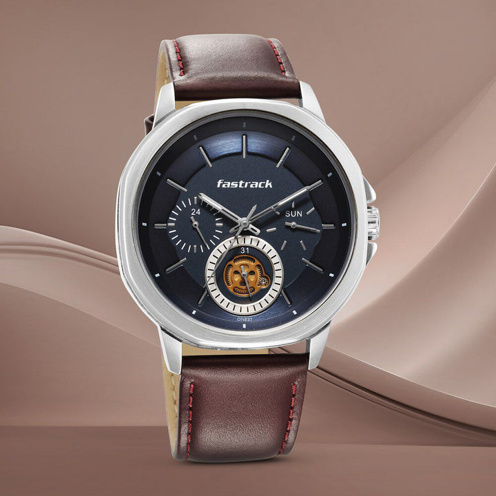 Fastrack Exuberant Quartz Multifunction Blue Dial Leather Strap Watch for Guys 3303SL01