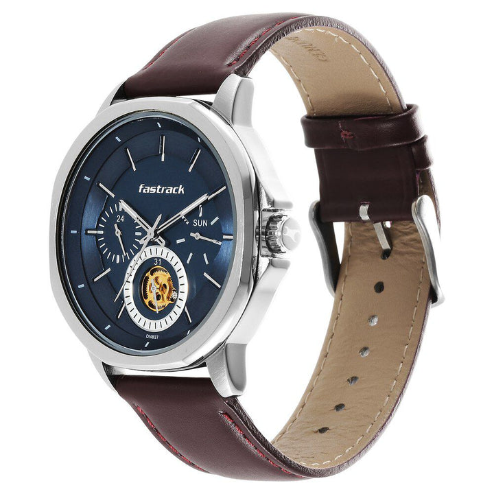 Fastrack Exuberant Quartz Multifunction Blue Dial Leather Strap Watch for Guys 3303SL01