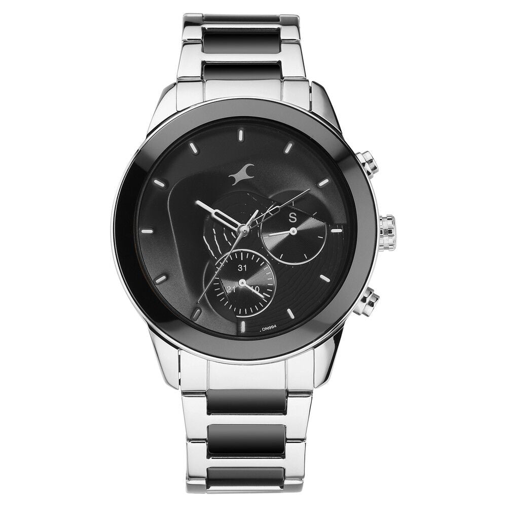 Fastrack Cerame Quartz Multifunction Black Dial Steel & Ceramic Strap Watch for Guys 3304KD01