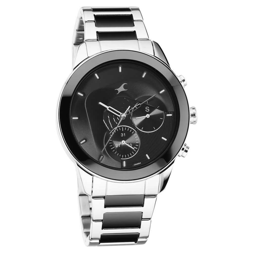 Fastrack Cerame Quartz Multifunction Black Dial Steel & Ceramic Strap Watch for Guys 3304KD01