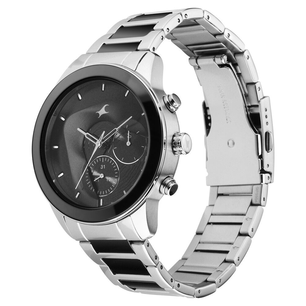 Fastrack Cerame Quartz Multifunction Black Dial Steel & Ceramic Strap Watch for Guys 3304KD01