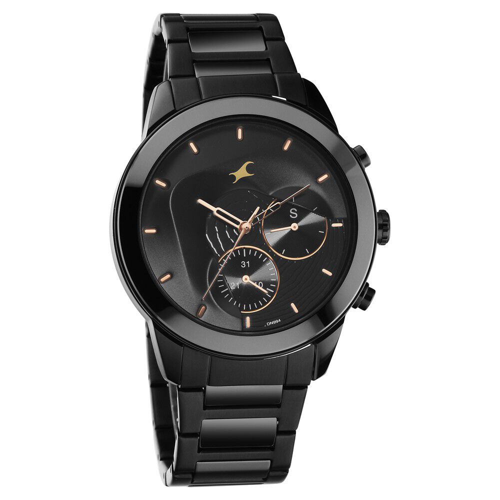 Fastrack Cerame Quartz Multifunction Black Dial Steel & Ceramic Strap Watch for Guys 3304ND01