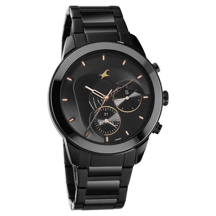 Fastrack Cerame Quartz Multifunction Black Dial Steel & Ceramic Strap Watch for Guys 3304ND01