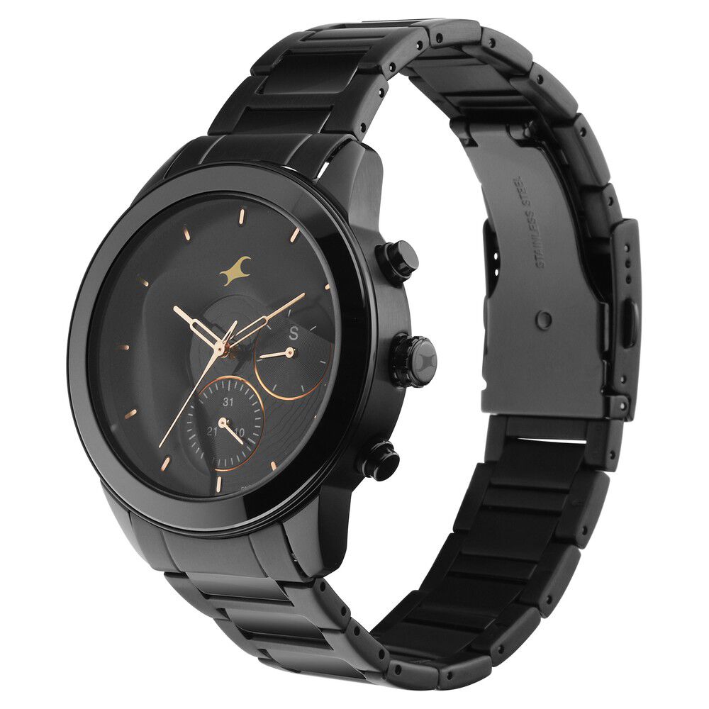 Fastrack Cerame Quartz Multifunction Black Dial Steel & Ceramic Strap Watch for Guys 3304ND01
