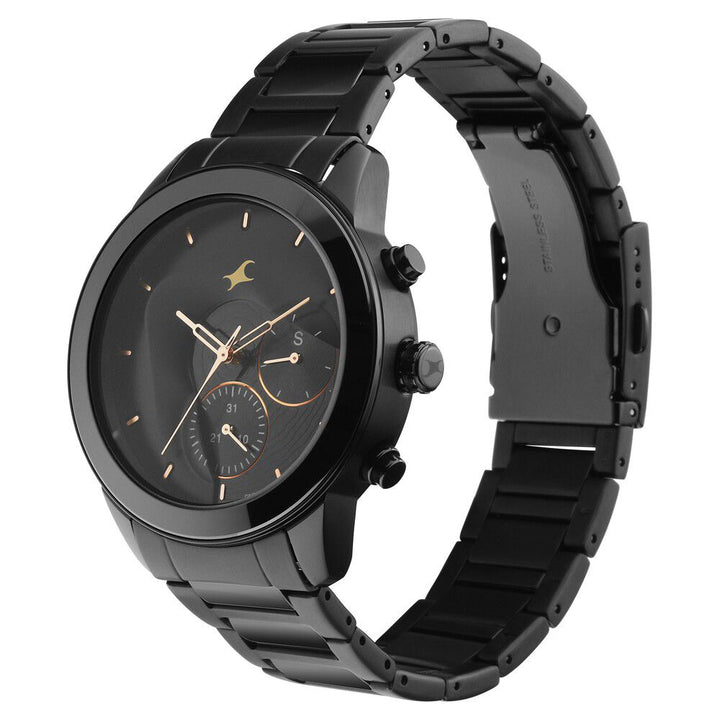 Fastrack Cerame Quartz Multifunction Black Dial Steel & Ceramic Strap Watch for Guys 3304ND01
