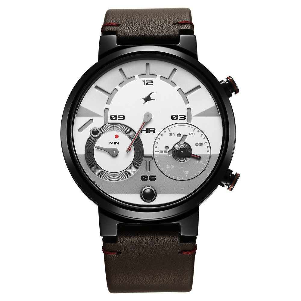 Fastrack Gambit Micromotor White Dial Brown Leather Strap Analog Watch for Guys 3309NL01