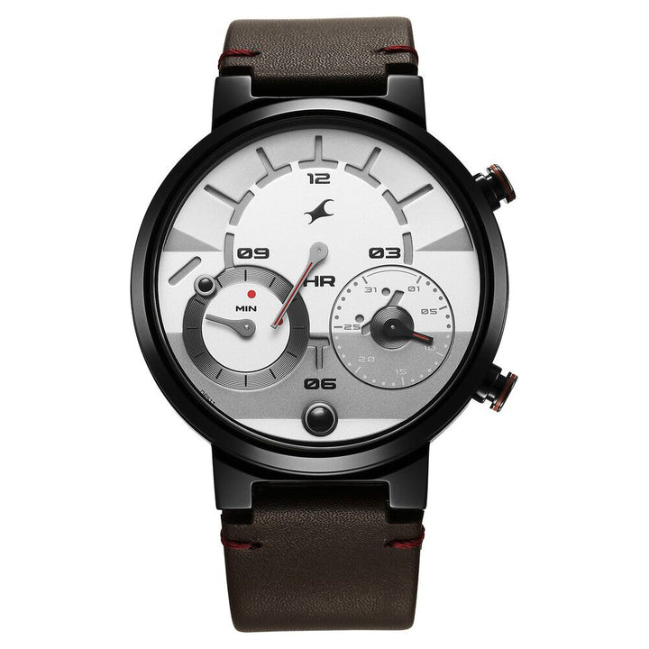 Fastrack Gambit Micromotor White Dial Brown Leather Strap Analog Watch for Guys 3309NL01