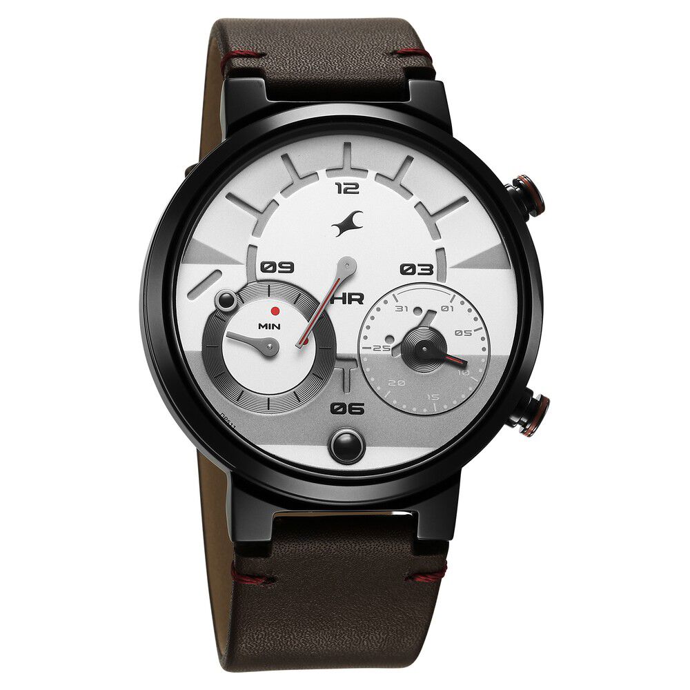 Fastrack Gambit Micromotor White Dial Brown Leather Strap Analog Watch for Guys 3309NL01