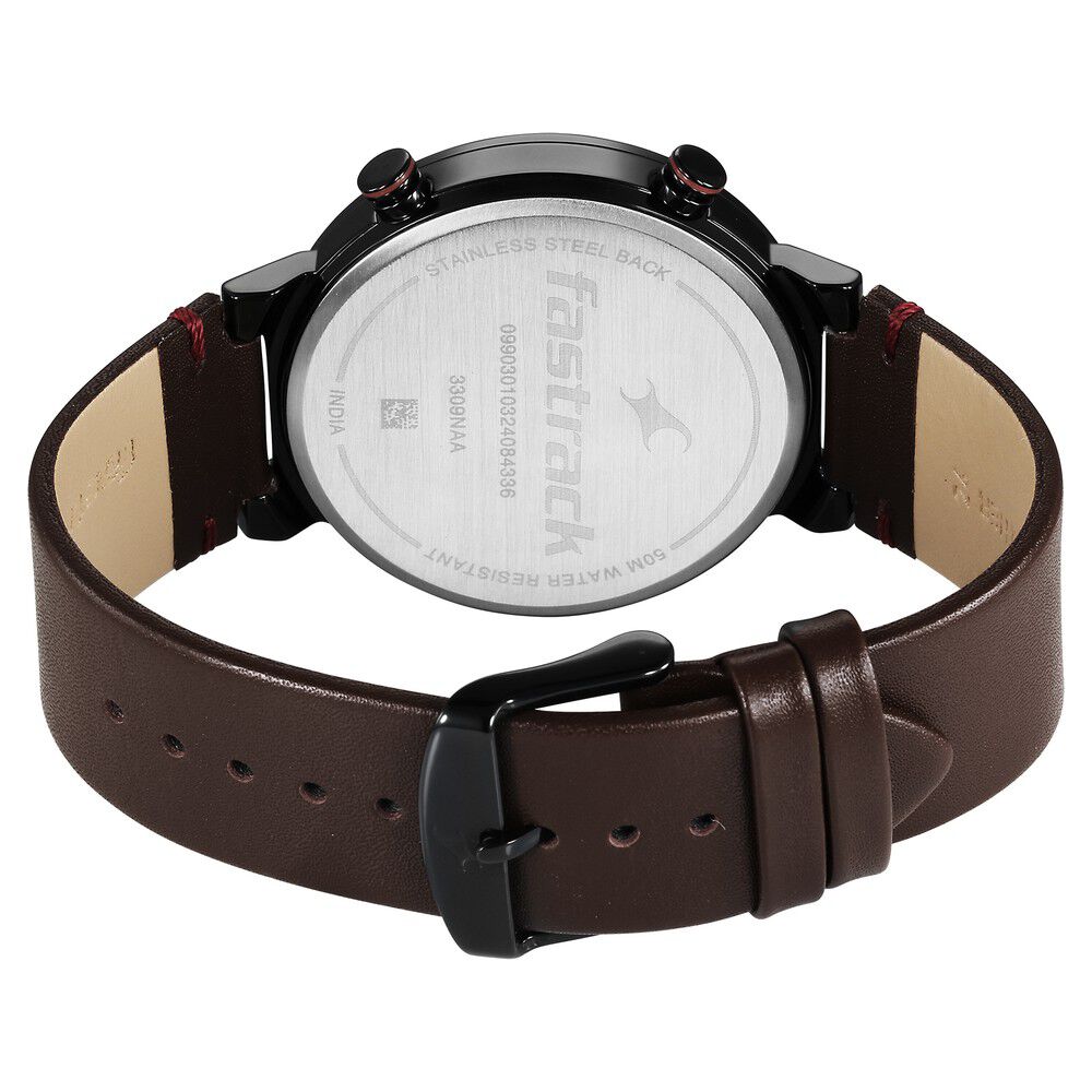 Fastrack Gambit Micromotor White Dial Brown Leather Strap Analog Watch for Guys 3309NL01