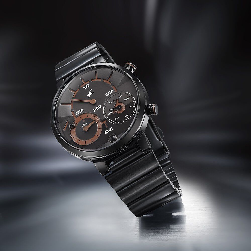 Fastrack Gambit Micromotor Black Dial Black Metal Strap Analog Watch f ...