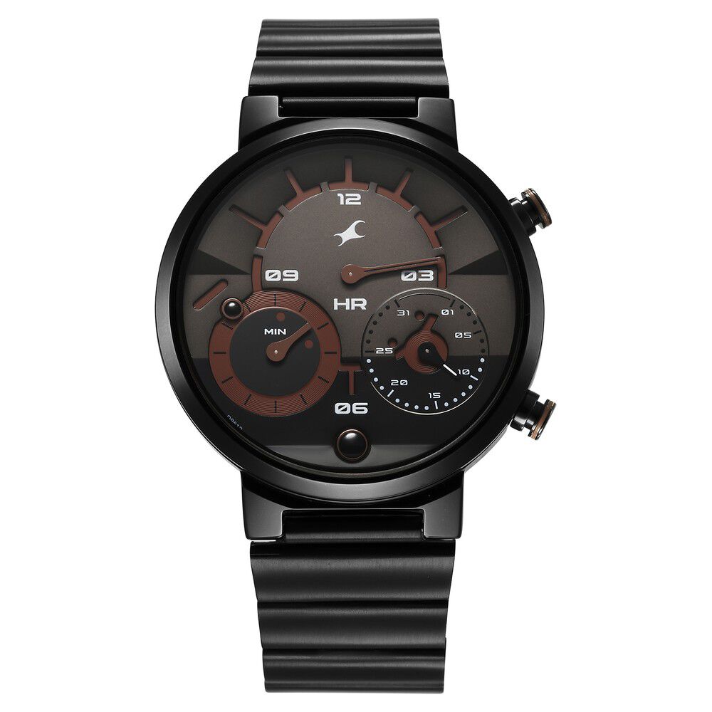 Fastrack Gambit Micromotor Black Dial Black Metal Strap Analog Watch for Guys 3309NM01