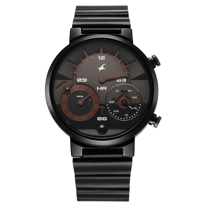 Fastrack Gambit Micromotor Black Dial Black Metal Strap Analog Watch for Guys 3309NM01