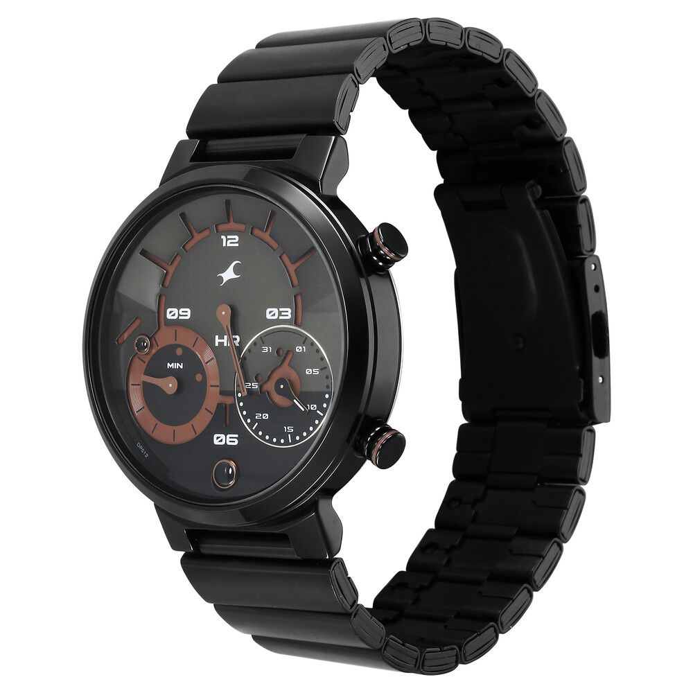 Fastrack Gambit Micromotor Black Dial Black Metal Strap Analog Watch for Guys 3309NM01