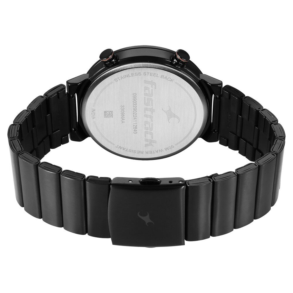 Fastrack Gambit Micromotor Black Dial Black Metal Strap Analog Watch for Guys 3309NM01
