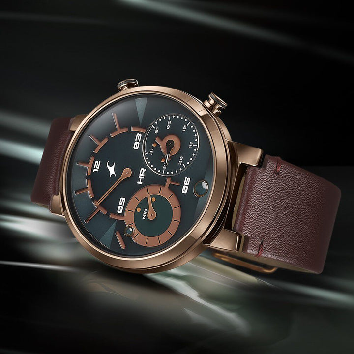 Fastrack Gambit Micromotor Green Dial Brown Leather Strap Analog Watch for Guys 3309QL01