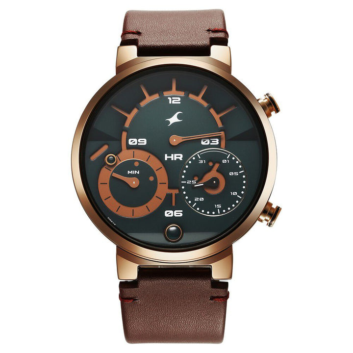Fastrack Gambit Micromotor Green Dial Brown Leather Strap Analog Watch for Guys 3309QL01