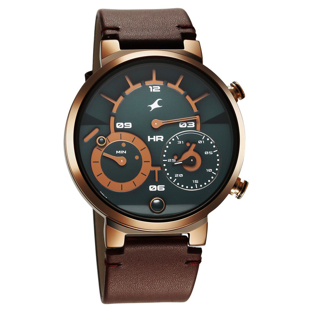 Fastrack Gambit Micromotor Green Dial Brown Leather Strap Analog Watch for Guys 3309QL01