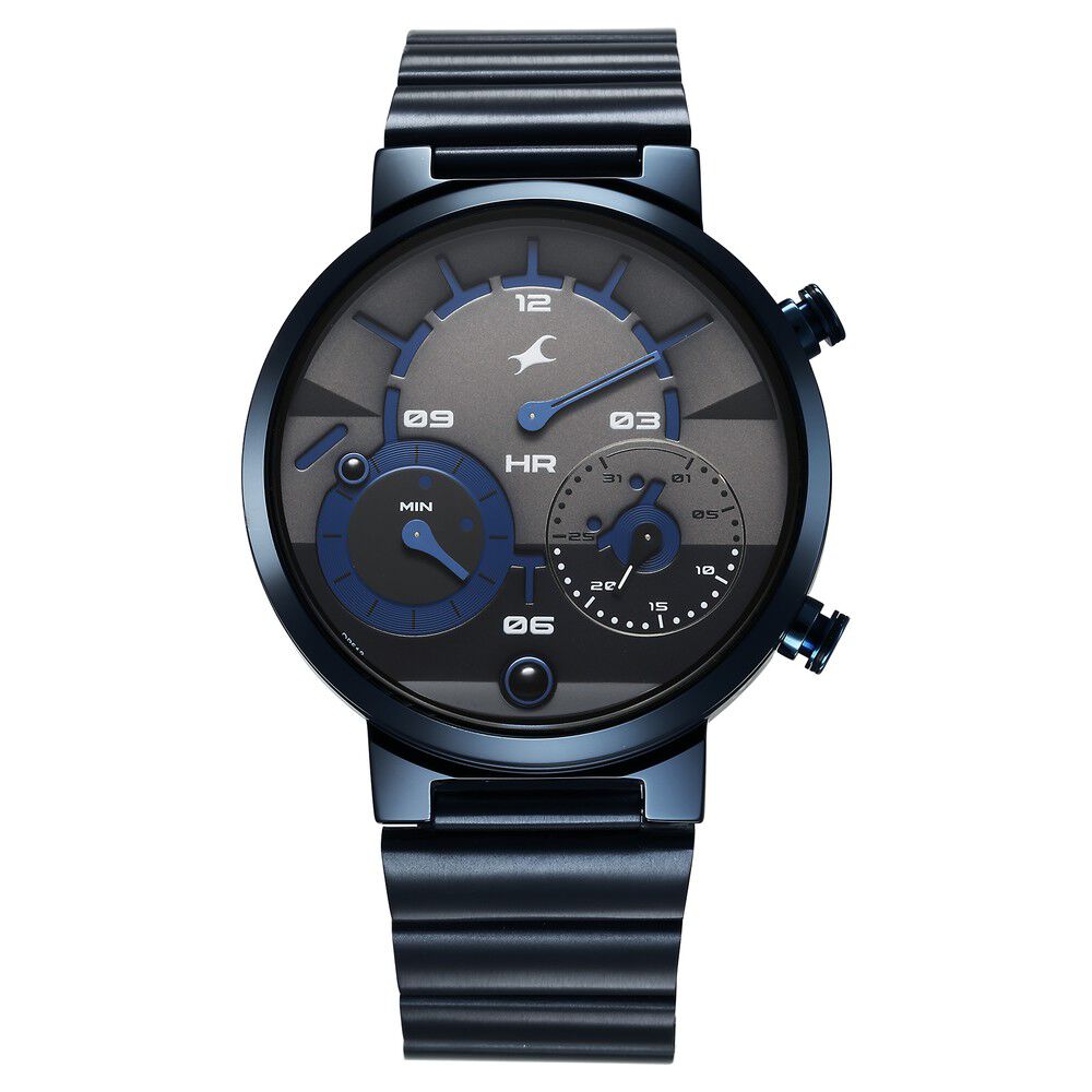 Fastrack Gambit Micromotor Black Dial Blue Metal Strap Analog Watch for Guys 3309QM01