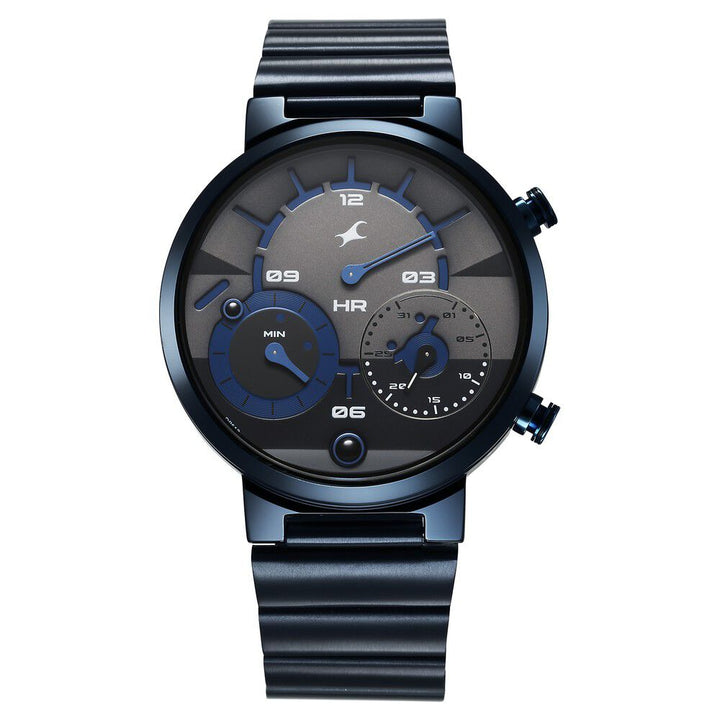 Fastrack Gambit Micromotor Black Dial Blue Metal Strap Analog Watch for Guys 3309QM01