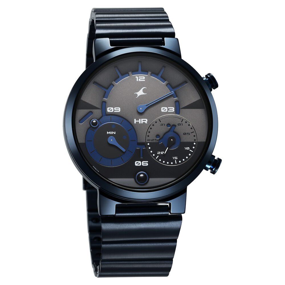 Fastrack Gambit Micromotor Black Dial Blue Metal Strap Analog Watch for Guys 3309QM01