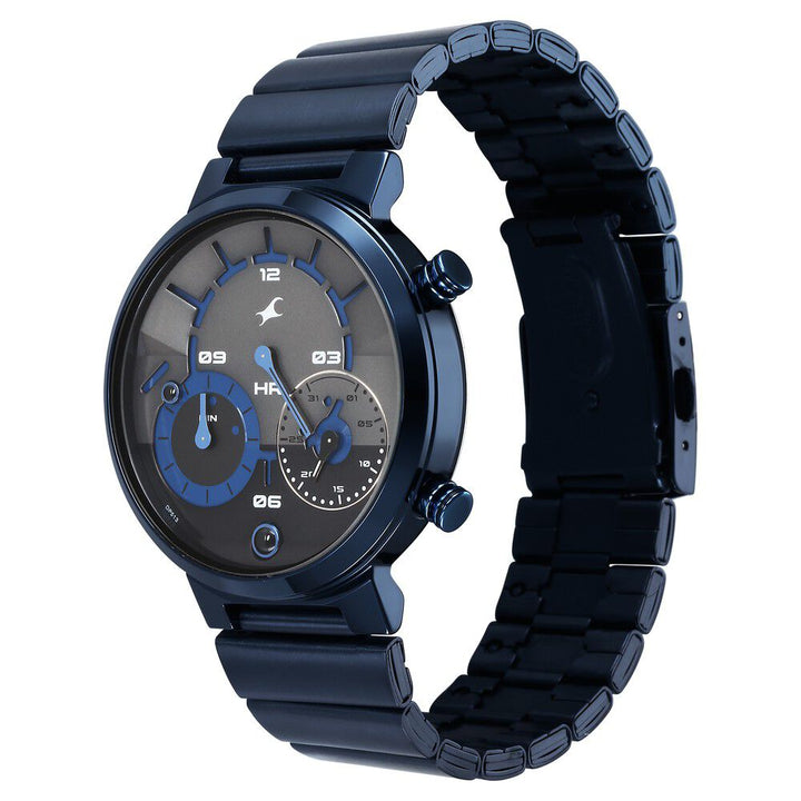 Fastrack Gambit Micromotor Black Dial Blue Metal Strap Analog Watch for Guys 3309QM01