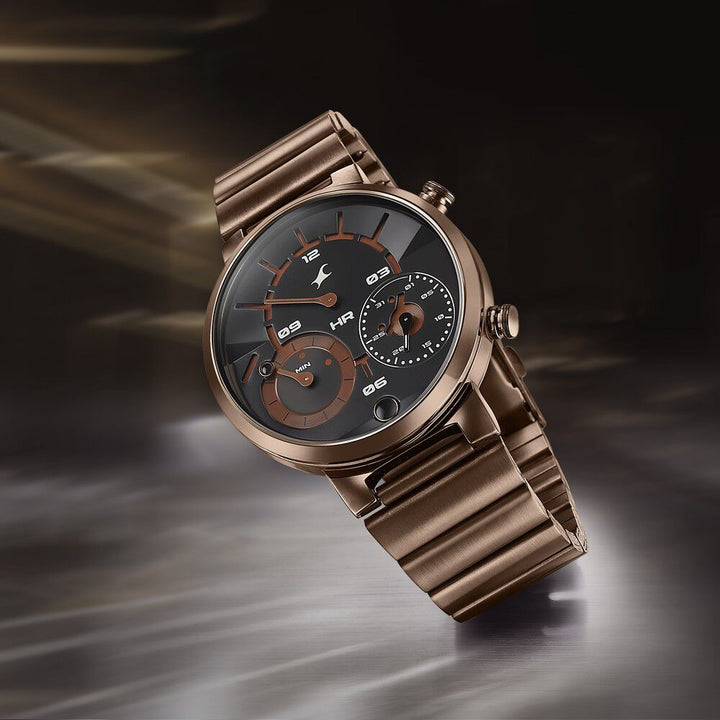 Fastrack Gambit Micromotor Black Dial Brown Metal Strap Analog Watch for Guys 3309QM02