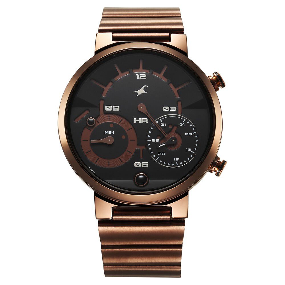Fastrack Gambit Micromotor Black Dial Brown Metal Strap Analog Watch for Guys 3309QM02