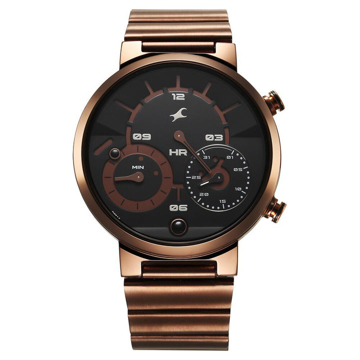 Fastrack Gambit Micromotor Black Dial Brown Metal Strap Analog Watch for Guys 3309QM02