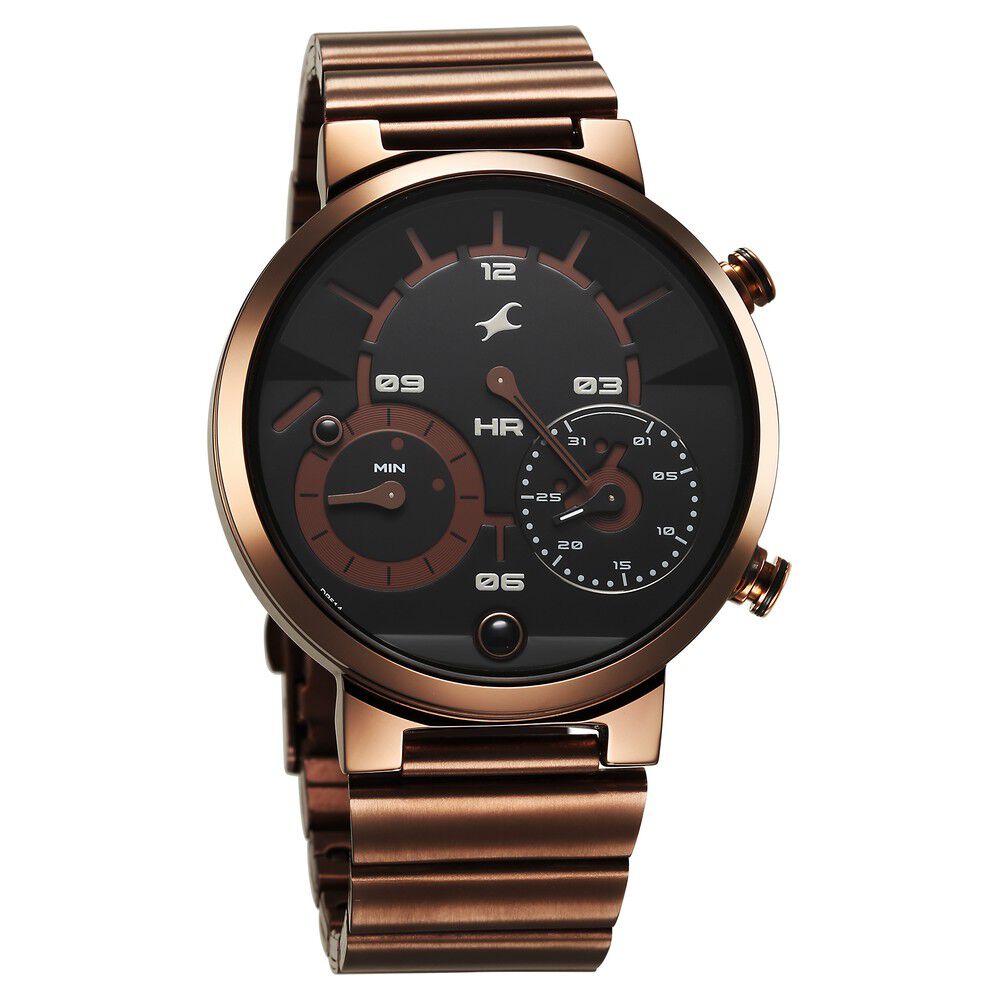 Fastrack Gambit Micromotor Black Dial Brown Metal Strap Analog Watch for Guys 3309QM02