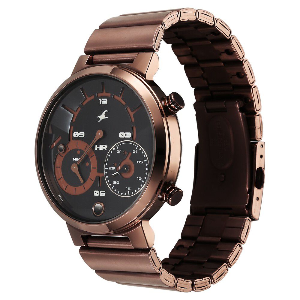 Fastrack Gambit Micromotor Black Dial Brown Metal Strap Analog Watch for Guys 3309QM02