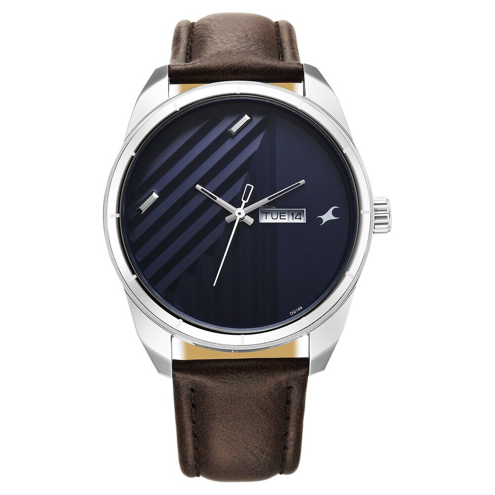 Fastrack Fleek Quartz Analog with Day and Date Blue Dial Leather Strap Watch For Guys 3313SL01