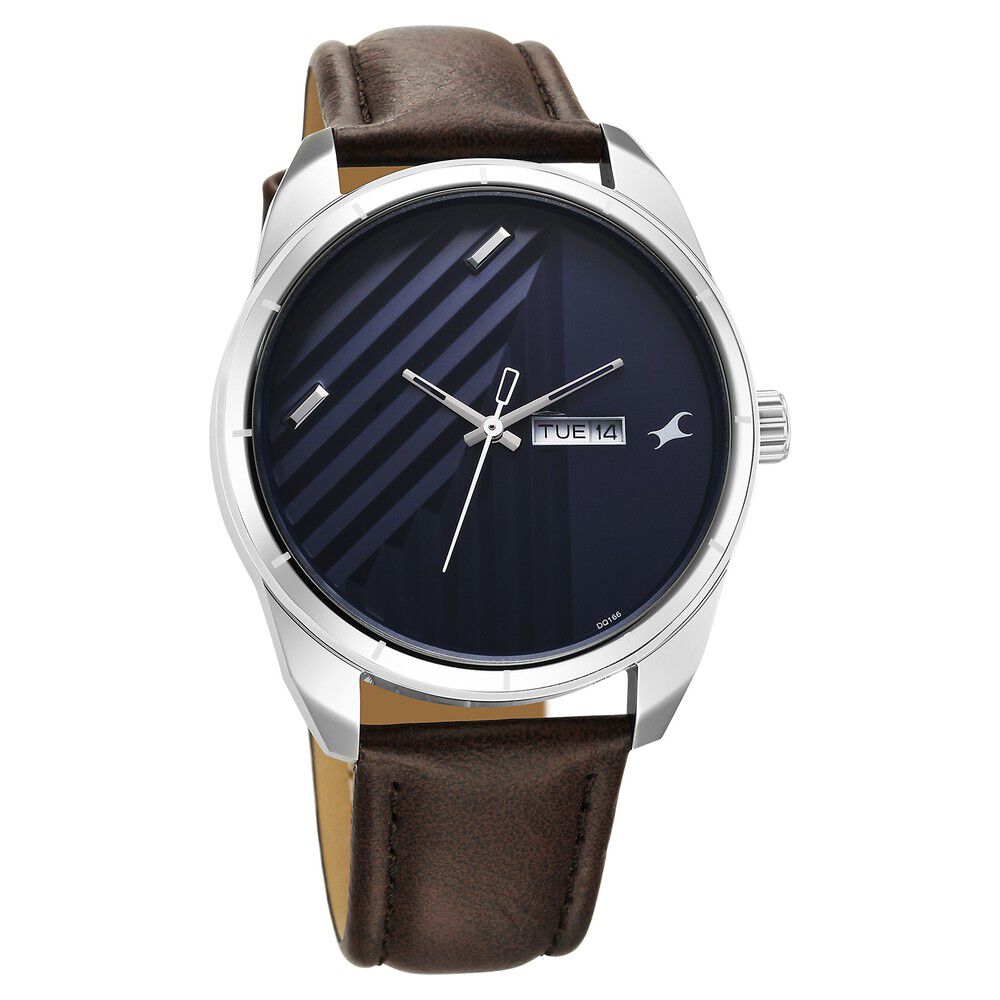 Fastrack Fleek Quartz Analog with Day and Date Blue Dial Leather Strap Watch For Guys 3313SL01