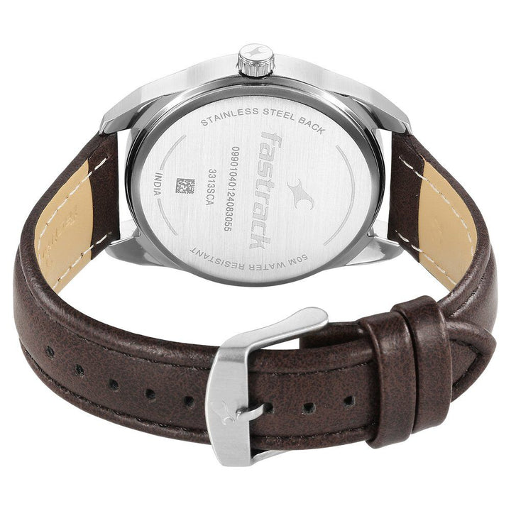 Fastrack Fleek Quartz Analog with Day and Date Blue Dial Leather Strap Watch For Guys 3313SL01
