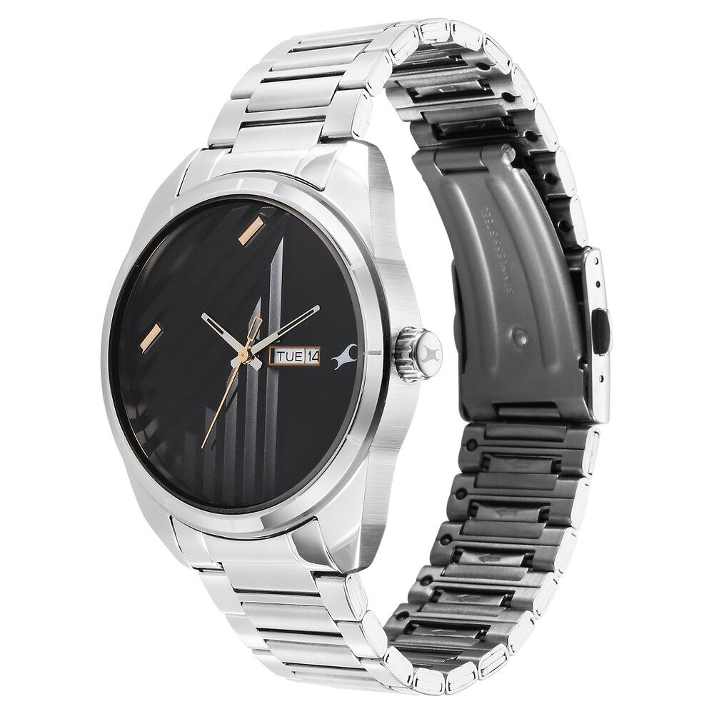 Fastrack Fleek Quartz Analog with Day and Date Black Dial Stainless Steel Strap Watch For Guys 3313SM01