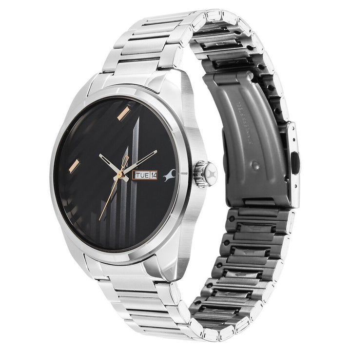 Fastrack Fleek Quartz Analog with Day and Date Black Dial Stainless Steel Strap Watch For Guys 3313SM01