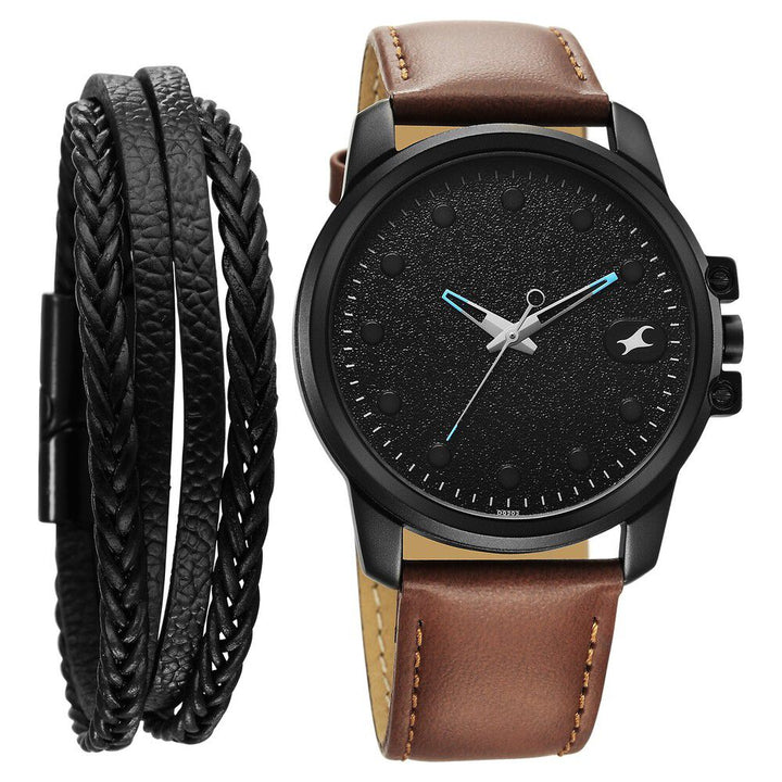 Fastrack Pulse Quartz Analog Black Dial With Tan Leather Strap Watch for Guys 3314NL01F
