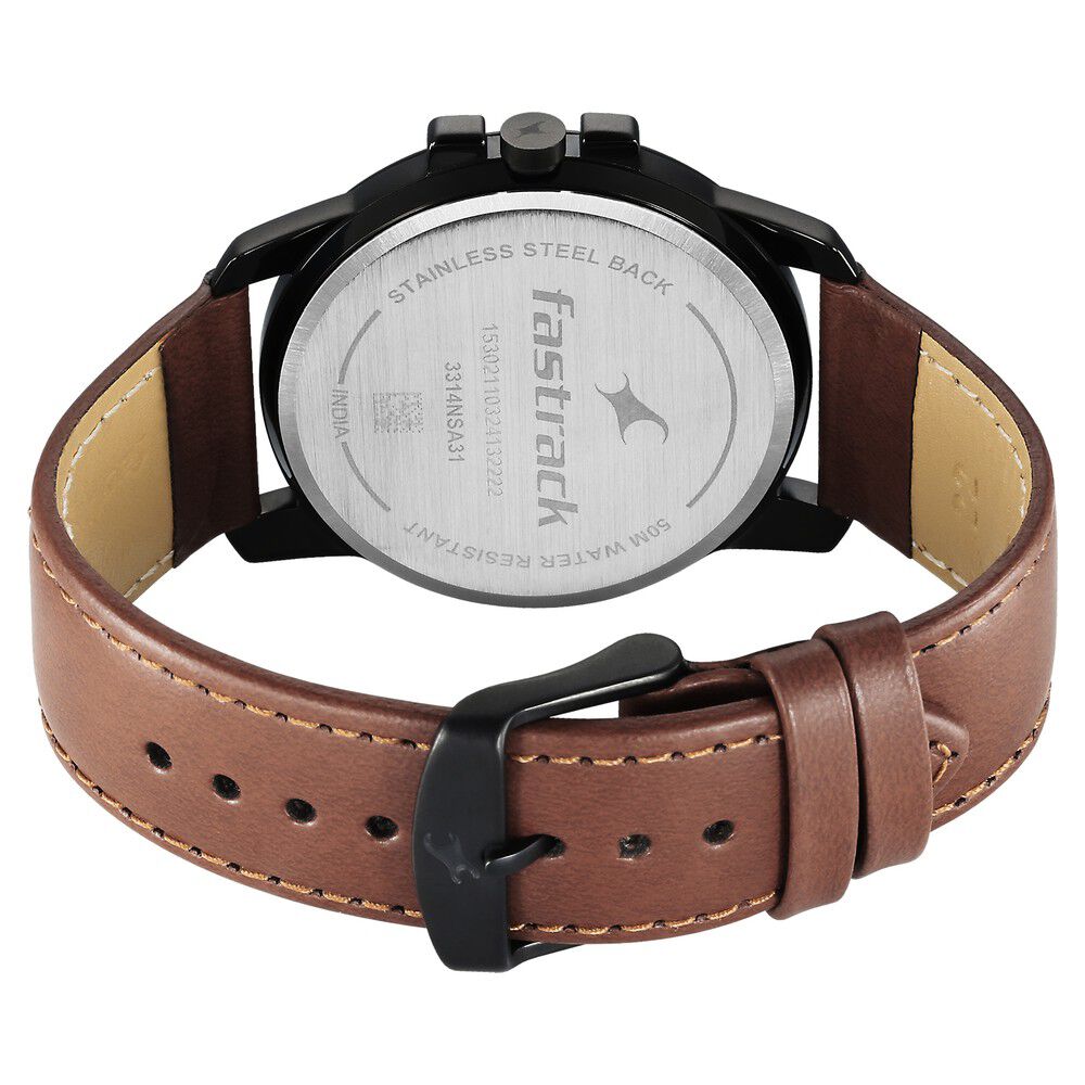 Fastrack Pulse Quartz Analog Black Dial With Tan Leather Strap Watch for Guys 3314NL01F